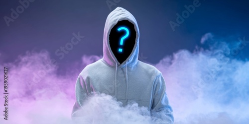 a person in a grey hoodie with a question mark on their head, surrounded by smoke against a dark background, with blue neon light