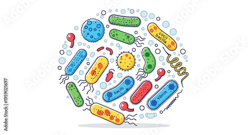 Colorful illustration of various bacteria types.