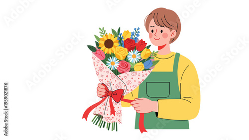 Smiling person in green apron holding a beautiful, vibrant mixed flower bouquet