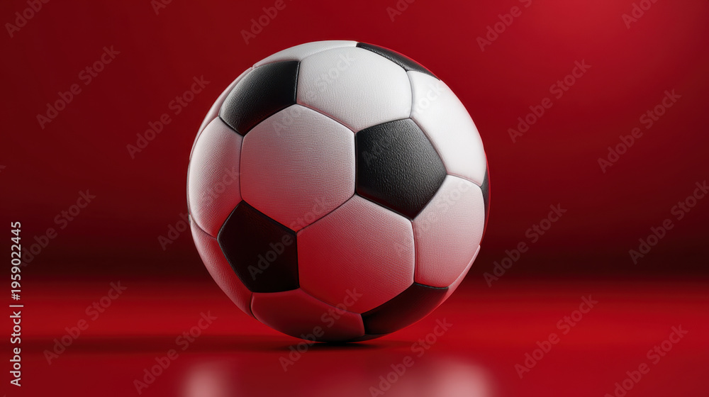 Naklejka premium Classic black and white soccer ball resting on reflective red surface with dramatic studio lighting and shallow depth of field, sporty mood and clean minimal composition