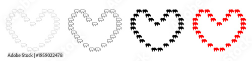 Heart Shape Set Made of Tiny Mountain Goats.Unique romantic vector design set featuring four heart shapes composed of tiny mountain goat silhouettes. Great for animal lover greeting cards, rescue camp