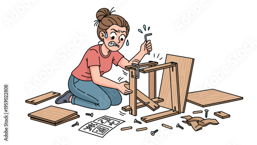 Stressed woman struggling with flat-pack furniture assembly. DIY frustration concept.