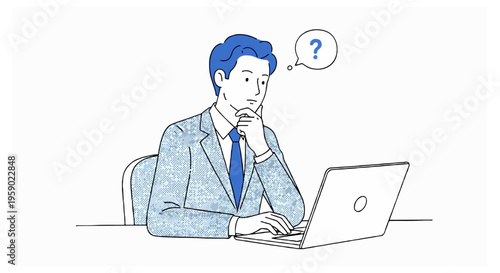 A man with blue hair wearing a patterned blue suit and tie sitting at a desk with a laptop looking thoughtful with a question mark.