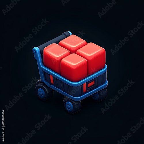 Red cubes loaded on a dark blue cart