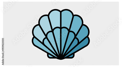 A single blue seashell icon with thick black borders and a horizontal color gradient sits centered against a plain light gray backdrop in a minimalist style.