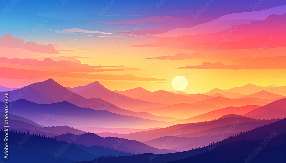 Obraz premium Vibrant sunset over layered mountains with gradient sky