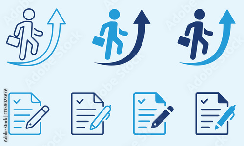Business Growth Icons: Figures Walking Upward Arrows and Document Signing with Pen