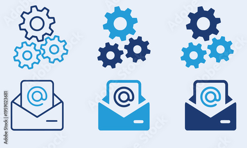 Set of three email and gear icons with blue and dark blue tones on a light blue background