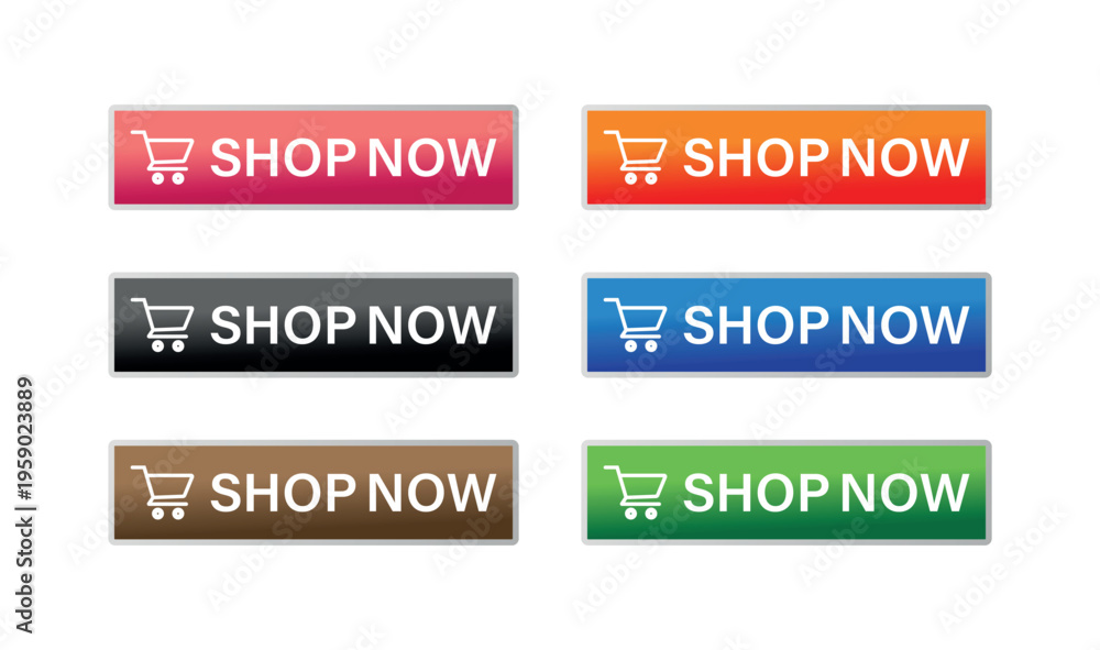 Fototapeta premium Shop Now Buttons, Colorful Call to Action Buttons with Shopping Cart Icon