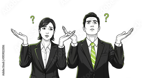 Confused business colleagues with questioning expressions and gestures