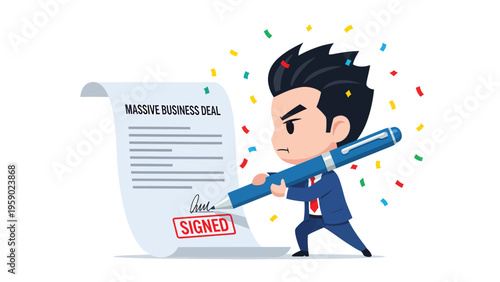 Determined Chibi Businessman Signing Massive Business Deal with Giant Pen & Confetti, Symbolizing Effort & Success