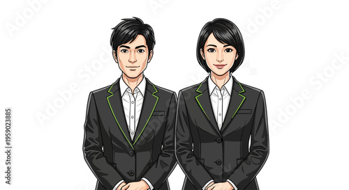 Cartoon business people in black suits with green accents standing together