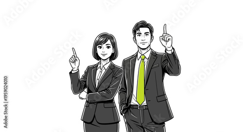 Businessman and businesswoman pointing upwards in formal attire