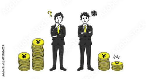 Two businessmen standing next to stacks of gold coins with yen symbols on them