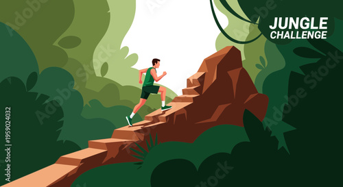 A Person Scaling Rocky Stairs Representing the Jungle Challenge Competition