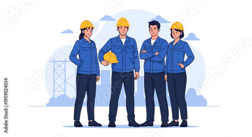 Four construction workers in blue uniforms and yellow hard hats standing together