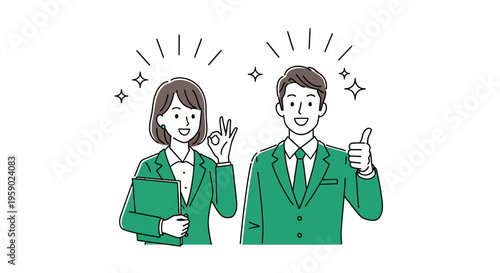 Business people in green suits giving approval gestures isolated on white background