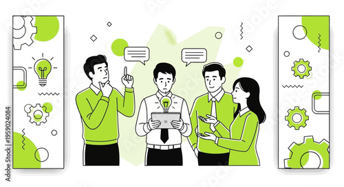 Business people discussing ideas with light bulb and green accents