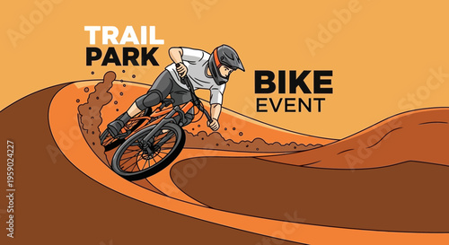 Action Illustration Of Mountain Biker Riding Down A Trail At The Bike Event Promoting Competition