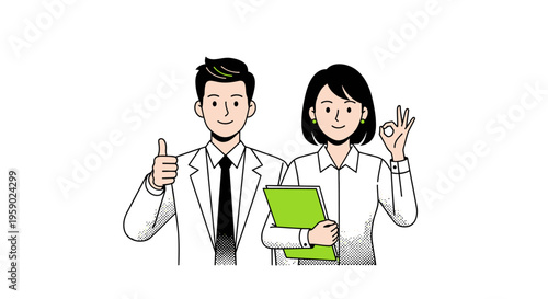 Cartoon business colleagues giving thumbs up and okay sign with green book