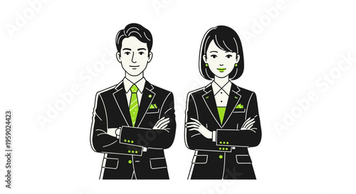 Businessman and businesswoman in black suits with green accents standing confidently