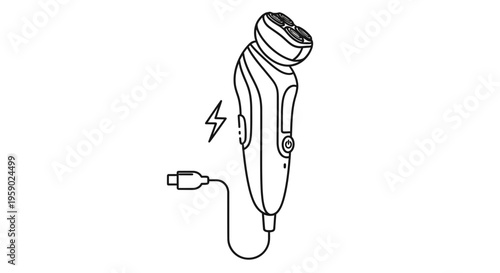 Electric Shaver Charging Icon - Line Art Illustration of a Rechargeable Razor with USB Cable