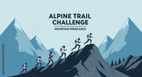 Alpine Trail Challenge: Athletes Conquer Mountain Ridgeline In Dynamic Illustration