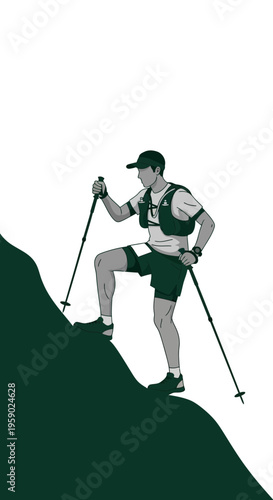 Adventurous Man Ascends Steep Trail with Trekking Poles