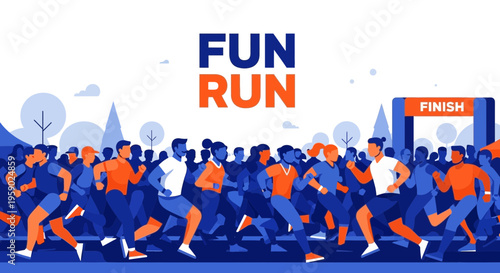 Animated Crowd Running Towards Finish Line At Fun Run Event