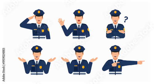 Male police officer in blue uniform with various hand gestures.