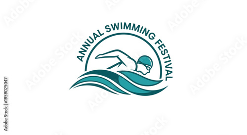 Annual Swimming Festival Logo Depicting Athlete Swimming in Water, Simple Design