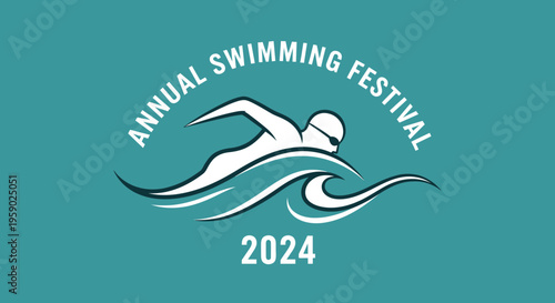Annual Swimming Festival 2024 Event With Swimmer Silhouette and Waves Design
