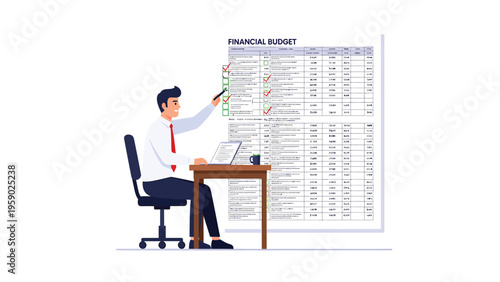 Businessman Analyzing Financial Budget Spreadsheet. Professional reviewing expenses, planning, and financial management illustration.