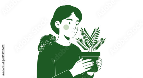 Young person holding potted plant with chameleon on shoulder