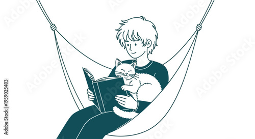 Young person reading book with cat in hammock