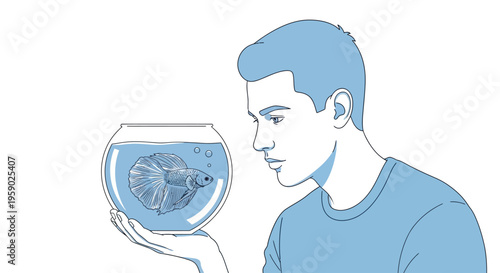 Young man observing betta fish in small round glass bowl