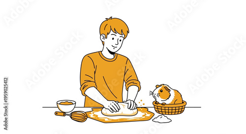 Young man kneading dough with guinea pig watching in kitchen