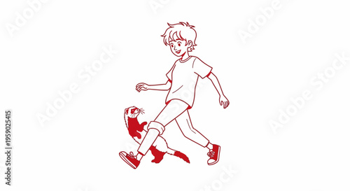 Young boy walking with a pet ferret line art illustration