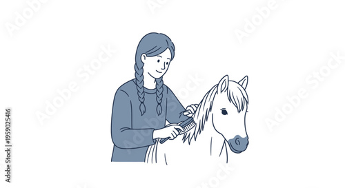 Woman with braided hair grooming horse with brush