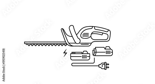Cordless Hedge Trimmer with Battery and Charger Icon - Garden Tool Line Art