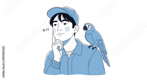 Young man thinking with parrot on shoulder illustration