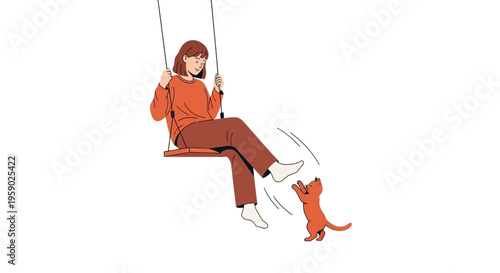 Woman swinging with playful cat on white background illustration