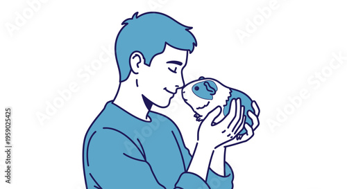Young man lovingly holds pet guinea pig close