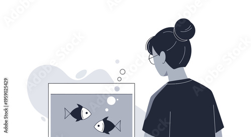 Woman watching fish in a minimalist aquarium