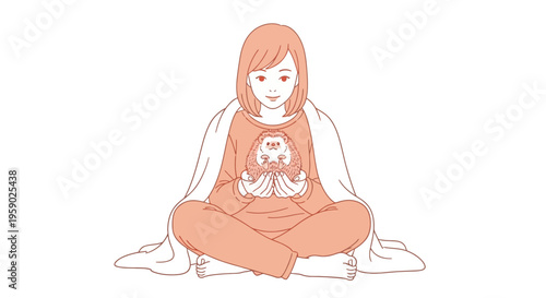 Young woman sitting cross-legged holding a cute hedgehog illustration