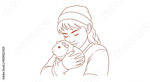 Young woman gently embracing a guinea pig line art illustration