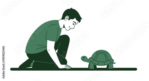 Young man crouching and observing a small turtle