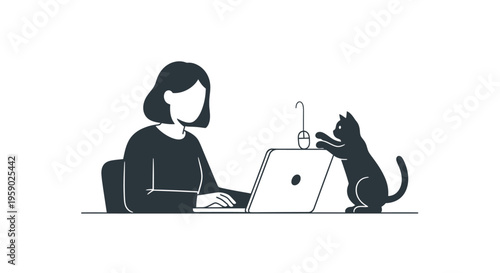 Woman working on laptop while cat plays with computer mouse