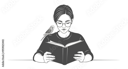 Woman wearing glasses reading book with parakeet on shoulder