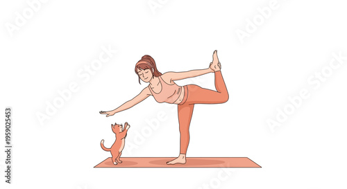 Woman practicing yoga pose with playful cat on a mat